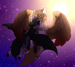 Size: 1800x1600 | Tagged: safe, artist:nobleclay, imported from derpibooru, bat pony, pegasus, pony, crow (persona), flying, goro akechi, hug, joker (persona), persona, ponified, ren amamiya