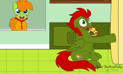 Size: 1280x772 | Tagged: safe, artist:lynnthenerdkitty, imported from derpibooru, earth pony, pegasus, pony, blushing, caught, crossover, floppy ears, food, kitchen, michelangelo, mouth hold, pizza, ponified, raphael, sneaking, teenage mutant ninja turtles