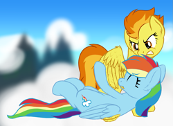 Size: 1485x1080 | Tagged: safe, artist:djdavid98, derpibooru exclusive, imported from derpibooru, rainbow dash, spitfire, pegasus, pony, angry, cloud, cute, cutefire, dashabetes, duo, duo female, feather, featured image, female, flash-featured image, grooming, hooves, lesbian, lying down, on back, preening, shipping, spitdash, standing, sweet dreams fuel, tail, wings