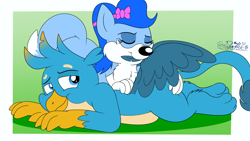 Size: 3840x2160 | Tagged: safe, artist:rupertbluefox, imported from derpibooru, gallus, oc, oc:chasityvixen, fox, griffon, bedroom eyes, butt touch, canon x oc, cute, eyes closed, feather, female, gallabetes, grooming, lying down, male, preening, prone, purring, smiling, straight, vixen
