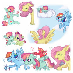 Size: 900x900 | Tagged: safe, artist:computerstickman, imported from derpibooru, fluttershy, rainbow dash, oc, oc:bitta luck, oc:feathermay, bird, mouse, pony, baby, baby pony, cloud, family, female, flutterdash, goggles, lesbian, magical lesbian spawn, offspring, on a cloud, parent:applejack, parent:fluttershy, parent:rainbow dash, parent:rarity, parents:flutterdash, parents:rarijack, shipping, sitting, sitting on a cloud, sitting on cloud