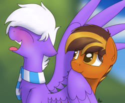 Size: 1700x1400 | Tagged: safe, artist:ponynamedmixtape, imported from derpibooru, oc, oc only, oc:mixtape, earth pony, pegasus, pony, background, blurry background, blushing, chest fluff, clothes, colored pupils, duo, ear fluff, eye clipping through hair, eyes closed, floppy ears, gay, grooming, male, open mouth, outdoors, preen, preening, scarf, signature, smiling, spread wings, stallion, tongue out, wings