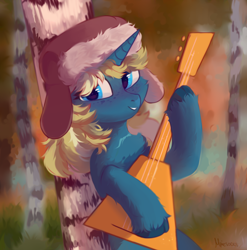 Size: 3978x4025 | Tagged: safe, artist:_mpiesocks, artist:raily, imported from derpibooru, oc, oc only, oc:maple parapet, pony, unicorn, background, balalaika, birch, birch tree, forest, freckles, hat, musical instrument, scar, solo, tree, ushanka