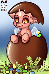 Size: 1200x1800 | Tagged: safe, artist:zobaloba, imported from derpibooru, alicorn, earth pony, pegasus, pony, unicorn, any gender, any species, auction, chocolate, chocolate egg, commission, egg, food, grass, happy easter, solo, your character here