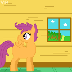 Size: 512x512 | Tagged: safe, artist:valuable ashes, imported from derpibooru, scootaloo, pegasus, pony, cloud, clubhouse, grooming, pixel art, preening, solo, story included, tree, watermark