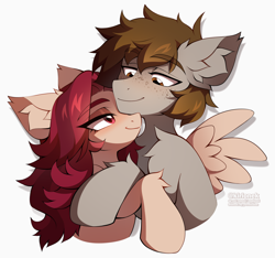 Size: 4700x4408 | Tagged: safe, artist:kirionek, imported from derpibooru, oc, oc only, oc:crimm harmony, oc:stitched laces, pony, couple, crimmaces, duo, ear fluff, female, freckles, hug, male, oc x oc, shipping, simple background, stimony, straight, white background