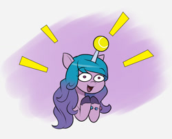 Size: 1050x850 | Tagged: safe, artist:mew-me, imported from derpibooru, izzy moonbow, pony, unicorn, abstract background, ball, bracelet, emanata, female, g5, horn, horn guard, horn impalement, hornball, izzy's tennis ball, jewelry, mare, open mouth, open smile, simple background, smiling, solo, tennis ball, unshorn fetlocks