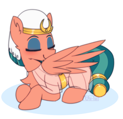 Size: 1452x1398 | Tagged: safe, artist:puetsua, imported from derpibooru, somnambula, pegasus, pony, clothes, cute, dress, egyptian, egyptian headdress, egyptian pony, eyes closed, eyeshadow, featured image, female, flash-featured image, grooming, headdress, lying down, makeup, mare, no nose, preening, prone, simple background, solo, somnambetes, sweet dreams fuel, watermark, white background, wings