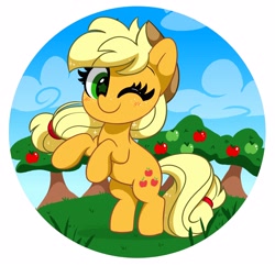 Size: 3910x3784 | Tagged: safe, artist:kittyrosie, imported from derpibooru, applejack, earth pony, pony, abstract background, apple, apple tree, blushing, cloud, cute, female, food, hat, jackabetes, kittyrosie is trying to murder us, mare, one eye closed, rearing, smiling, solo, tree, weapons-grade cute, wink