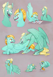Size: 2021x2967 | Tagged: safe, artist:vindhov, imported from derpibooru, lightning dust, zephyr breeze, pegasus, pony, angry, blaze (coat marking), blushing, coat markings, confused, crack shipping, duo, facial markings, feathered fetlocks, female, grooming, high res, hug, kicking, male, preening, shipping, simple background, smiling, straight, winghug, zephyrdust