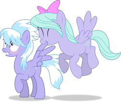 Size: 10886x9213 | Tagged: safe, artist:thatusualguy06, imported from derpibooru, cloudchaser, flitter, pegasus, pony, .svg available, ^^, absurd resolution, april fools, april fools 2021, assisted preening, blushing, bow, cute, duo, duo female, eyes closed, featured image, female, flash-featured image, flying, gritted teeth, grooming, hair bow, mare, preening, raised hoof, shadow, show accurate, shrunken pupils, siblings, simple background, sisters, spread wings, standing, tail, transparent background, two toned mane, two toned tail, vector, wingboner, wings