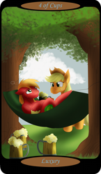 Size: 1500x2591 | Tagged: safe, artist:sixes&sevens, imported from derpibooru, part of a set, applejack, big macintosh, pony, applejack is not amused, brother and sister, cider, cider mug, duo, female, four of cups, hammock, lying down, male, minor arcana, mug, outdoors, siblings, tarot card, tree, unamused