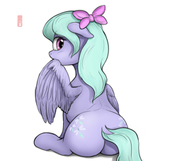 Size: 3782x3446 | Tagged: safe, artist:celsian, imported from derpibooru, flitter, pegasus, pony, both cutie marks, bow, butt, cute, dock, doodle, female, flitterbetes, grooming, looking at you, looking back, looking back at you, mare, plot, plump, preening, rear view, signature, sitting, solo