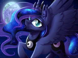 Size: 2224x1668 | Tagged: safe, artist:mychelle, imported from derpibooru, princess luna, alicorn, pony, constellation, ear fluff, female, looking at you, mare, mare in the moon, moon, night, solo