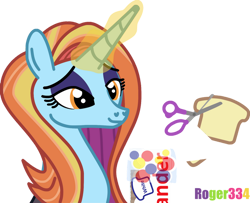 Size: 1024x833 | Tagged: safe, artist:roger334, imported from derpibooru, sassy saddles, pony, unicorn, april fools, april fools 2021, bread, cutting, food, literal, scissors, self harm, simple background, solo, transparent background