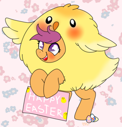 Size: 606x630 | Tagged: safe, artist:therainbowtroll, imported from derpibooru, scootaloo, bird, chicken, pegasus, pony, animal costume, blushing, chicken suit, clothes, costume, cute, cutealoo, easter, easter egg, egg, holiday, scootachicken, sign, silly, silly pony