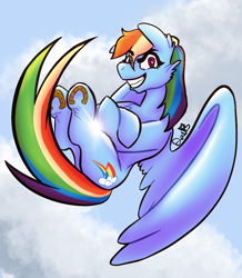 Size: 1200x1374 | Tagged: safe, artist:zombiemangamaker, imported from derpibooru, rainbow dash, pegasus, pony, female, flying, lens flare, sky, solo