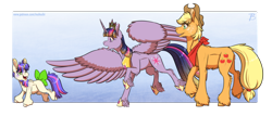 Size: 2400x1024 | Tagged: safe, artist:inuhoshi-to-darkpen, imported from derpibooru, applejack, twilight sparkle, oc, oc:morning glory, alicorn, earth pony, pony, unicorn, belly fluff, crown, ear fluff, female, filly, freckles, hoof fluff, hoof shoes, jewelry, lesbian, magical lesbian spawn, offspring, open mouth, parent:applejack, parent:twilight sparkle, parents:twijack, regalia, ribbon, shipping, simple background, transparent background, twijack, twilight sparkle (alicorn), wing fluff