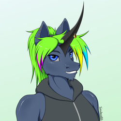 Size: 1280x1280 | Tagged: safe, artist:funkybacon, imported from derpibooru, imported from ponybooru, oc, oc only, oc:bucky, anthro, unicorn, clothes, ear piercing, male, piercing, smiling, solo