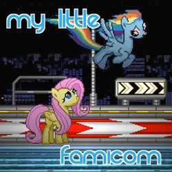 Size: 720x720 | Tagged: safe, imported from derpibooru, fluttershy, rainbow dash, pegasus, pony, 16 bit, 8-bit, crossover, famicom, flying, gameboy advance, looking up, pixel art, title screen