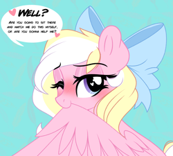 Size: 3750x3375 | Tagged: safe, alternate version, artist:emberslament, imported from derpibooru, oc, oc only, oc:bay breeze, pegasus, pony, blushing, bow, cute, female, grooming, hair bow, heart eyes, looking at you, mare, one eye closed, preenhub, preening, simple background, solo, solo female, speech bubble, talking to viewer, text, wingding eyes, wings, wink