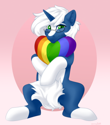 Size: 1706x1943 | Tagged: safe, artist:xommasun, imported from derpibooru, oc, oc only, oc:passi deeper, pony, unicorn, abstract background, coat markings, covering, femboy, glasses, gradient background, green eyes, heart, horn, hug, looking at you, male, pillow, rainbow, shy, sitting, smiling, socks (coat markings), solo, stallion, tail covering, unicorn oc