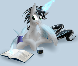 Size: 2395x2020 | Tagged: safe, artist:sixes&sevens, imported from derpibooru, oc, oc only, oc:prince mentiad, alicorn, pony, alicorn oc, book, crossed hooves, grooming, horn, inkwell, lying down, magic, male, multitasking, preening, quill, simple background, solo, wings, writing