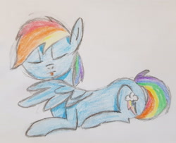 Size: 2793x2268 | Tagged: safe, artist:fakkajohan, derpibooru exclusive, imported from derpibooru, rainbow dash, pegasus, pony, eyes closed, female, grooming, lying down, preening, solo, solo female, traditional art