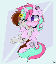 Size: 2800x3200 | Tagged: safe, artist:starmaster, imported from derpibooru, oc, oc only, oc:becca, oc:gadassi dash, pegasus, pony, unicorn, blushing, cute, duo, grooming, hug, preening, tongue out