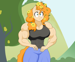 Size: 2110x1747 | Tagged: safe, artist:matchstickman, imported from derpibooru, imported from ponybooru, pear butter, anthro, earth pony, the perfect pear, abs, biceps, breasts, busty pear butter, clothes, cute, female, fetish, flower, flower in hair, matchstickman's pear buffer series, muscle fetish, muscles, muscular female, pants, pear buffer, pearabetes, scene interpretation, solo, tree