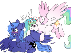 Size: 1024x768 | Tagged: safe, artist:valkiria, imported from derpibooru, princess celestia, princess luna, alicorn, pony, blushing, cute, cutelestia, duo, duo female, female, grooming, heart, heart eyes, horn, incest, lesbian, lunabetes, nom, preening, princest, s1 luna, shipping, simple background, white background, wingding eyes, wings