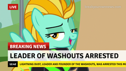 Size: 1280x720 | Tagged: safe, edit, edited screencap, imported from derpibooru, screencap, lightning dust, pegasus, pony, the washouts (episode), arrested, break your own news, breaking news, caption, clothes, description is relevant, funny, image macro, lidded eyes, meme, open mouth, raised eyebrow, reality ensues, smiling, smirk, solo, text, the washouts, uniform, washouts uniform, wings