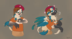 Size: 1280x702 | Tagged: safe, artist:foxxy-arts, imported from derpibooru, oc, oc:gisela, griffon, human, beret, clothes, eyes closed, feather, floating heart, glasses, griffon oc, hat, heart, human to griffon, male to female, pants, rule 63, shirt, transformation, transgender transformation