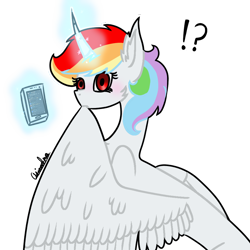 Size: 1000x1000 | Tagged: safe, artist:asiandra dash, artist:rainbow dash is best pony, imported from derpibooru, oc, oc only, oc:rainbowrio, alicorn, pony, alicorn oc, blushing, cellphone, discord app, exclamation point, grooming, horn, interrobang, looking at you, magic, phone, preening, question mark, simple background, smartphone, solo, surprised, transparent background, wings