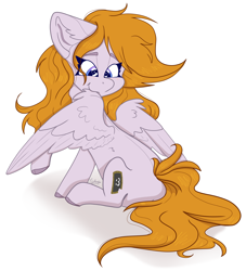Size: 3426x3768 | Tagged: safe, artist:tizhonolulu, imported from derpibooru, oc, oc only, oc:cookie byte, pegasus, pony, blushing, female, grooming, high res, mare, preening, simple background, solo, white background, wings