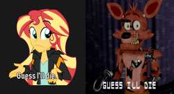 Size: 1980x1080 | Tagged: safe, artist:wubcakeva, imported from derpibooru, sunset shimmer, equestria girls, animatronic, comparison, crossover, five nights at freddy's, foxy, guess i'll die, meme, shrug, shrugset shimmer