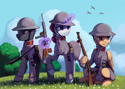 Size: 3000x2142 | Tagged: safe, artist:mrscroup, imported from derpibooru, imported from ponybooru, oc, oc only, pegasus, pony, unicorn, equestria at war, equestria at war mod, clothes, gun, helmet, high res, lee enfield, levitation, magic, military pony, military uniform, plane, rifle, soldier, soldier pony, submachinegun, telekinesis, trio, uniform, weapon