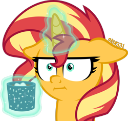 Size: 4000x3773 | Tagged: safe, artist:orin331, imported from derpibooru, sunset shimmer, pony, unicorn, :i, absurd resolution, bust, chocolate, drink, empathy cocoa, faic, female, food, glowing horn, high res, horn, hot chocolate, i mean i see, levitation, magic, magic aura, mare, simple background, solo, telekinesis, transparent background