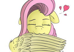 Size: 3541x2508 | Tagged: safe, artist:db, imported from derpibooru, fluttershy, pegasus, pony, :3, biting, cute, eyes closed, floating heart, floppy ears, grooming, heart, high res, preenhub, preening, shyabetes, solo