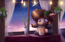Size: 4250x2750 | Tagged: safe, artist:ardail, edit, imported from derpibooru, oc, oc only, oc:mocha latte, earth pony, pony, boba tea, bow, cafe, clothes, cloths, crying, cup, drinking, drinking straw, female, hair bow, hoodie, hoof hold, mare, plant, plants, sad, solo, sweater, table, window