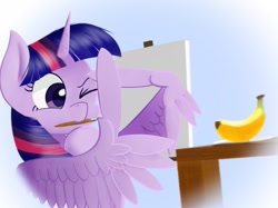 Size: 1979x1484 | Tagged: safe, artist:pitybug, imported from derpibooru, twilight sparkle, alicorn, pony, banana, bust, canvas, drawing, easel, feather fingers, featured image, female, food, looking at something, mare, measuring, mouth hold, one eye closed, paintbrush, painter, solo, table, three quarter view, twilight sparkle (alicorn), wing hands, wings