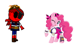 Size: 2262x1365 | Tagged: artist needed, safe, edit, edited screencap, imported from derpibooru, screencap, pinkie pie, earth pony, human, pony, belt, eyepatch, hat, one eye closed, pegasus human, pegasus wings, pirate, pirate costume, pirate hat, simple background, smiling, wings, wink, zalgo pagie