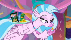 Size: 1890x1062 | Tagged: safe, artist:papacruda09, derpibooru exclusive, edit, edited screencap, editor:papacruda09, imported from derpibooru, screencap, silverstream, hippogriff, she's all yak, argentina, bedroom eyes, cheese, cheese puffs, chips, corn, female, flying, food, meme, snack, solo, wings