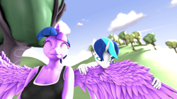 Size: 3840x2160 | Tagged: safe, artist:derpiborusza, derpibooru exclusive, imported from derpibooru, shining armor, twilight sparkle, alicorn, anthro, plantigrade anthro, unicorn, 3d, blatant lies in the description, bra, brother and sister, clothes, cloud, eyes closed, female, flying, grooming, happy, high res, hill, horn, incest, infidelity, male, mare, preenhub, preening, shiningsparkle, shipping, siblings, source filmmaker, sports bra, spread wings, straight, tree, twicest, twilight sparkle (alicorn), underwear, wings