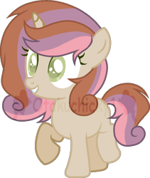 Size: 670x794 | Tagged: safe, artist:otakuchicky1, imported from derpibooru, oc, oc only, oc:crunch charm, pony, unicorn, female, filly, obtrusive watermark, offspring, parent:button mash, parent:sweetie belle, parents:sweetiemash, simple background, solo, transparent background, watermark