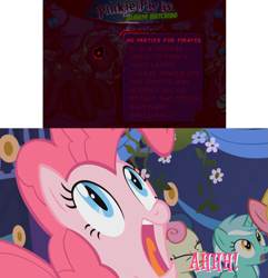Size: 1257x1303 | Tagged: safe, edit, edited screencap, imported from derpibooru, screencap, bon bon, cherry berry, lyra heartstrings, pinkie pie, pinkie pie (g3), sweetie drops, earth pony, pony, friendship is magic, season 1, blood, crying, female, g3, game, looking at you, mare, offscreen charcter, pinkie pie's party parade, piracy, reaction image, screaming, shocked, shocked expression, smiling, tears of blood, zalgo, zalgo pie