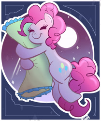 Size: 3808x4552 | Tagged: safe, artist:vigasartroom, imported from derpibooru, part of a set, pinkie pie, earth pony, pony, body pillow, cute, diapinkes, eyes closed, female, full moon, high res, hug, mare, moon, pillow, pillow hug, sleeping, smiling, solo