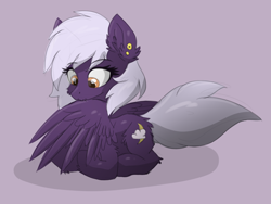 Size: 1402x1052 | Tagged: safe, artist:nighty, imported from derpibooru, oc, oc only, oc:nighty cloud, pegasus, pony, 30 minute art challenge, colored pupils, ear piercing, female, grooming, mare, piercing, ponyloaf, preening, solo, wings