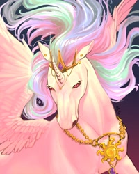 Size: 3277x4096 | Tagged: safe, artist:thornblade_, imported from derpibooru, princess celestia, alicorn, pony, ear piercing, earring, ethereal mane, female, gradient background, hoers, jewelry, majestic, mare, necklace, piercing, princess celestia is a horse, queen celestia, solo, spread wings, starry mane, tiara, windswept mane, wings