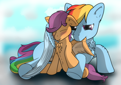 Size: 1280x904 | Tagged: safe, artist:db, imported from derpibooru, rainbow dash, scootaloo, blushing, cloud, grooming, peaceful, preening, scootalove, smiling, wings